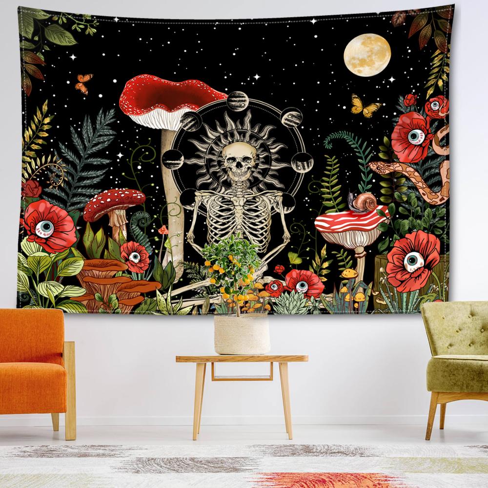 Moon Phase Skeleton Mushroom Tapestry Wall Hanging Bohemian Art Hippie Tapitz Living Room Bedroom Home Decor