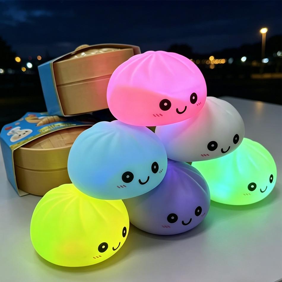 Cute Bun Glowing Dumpling Squishy Squeeze Toy Night Light Silicone Led Lamp Colorful Flashing Bedside Light For Home Decor Gift