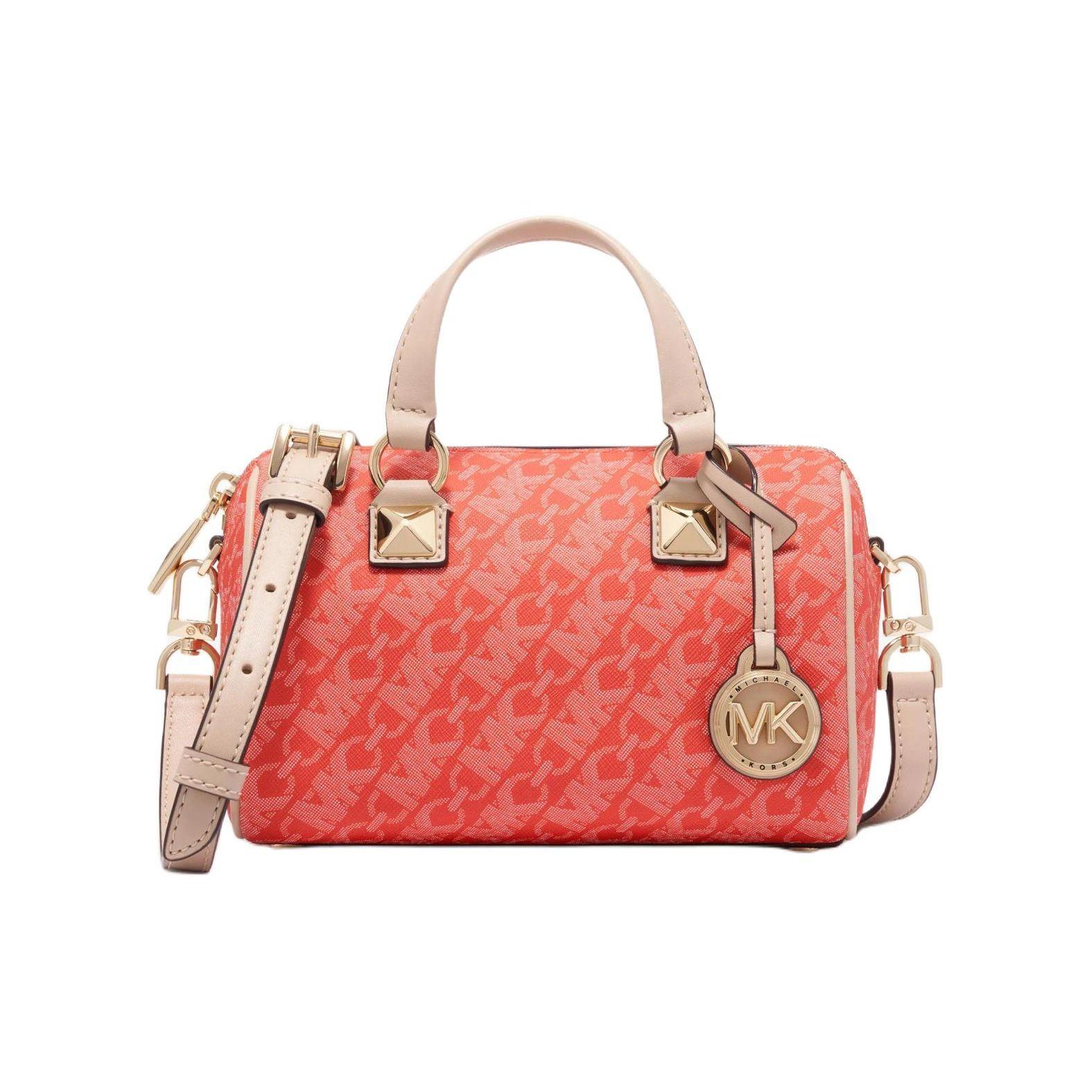 Michael Kors Mk Grayson Classic Monogram Zip Closure Boston Bag Women handbags Coral-Red 32R4GGYC1B-886 Basic Set (Bag+Dust Bag)