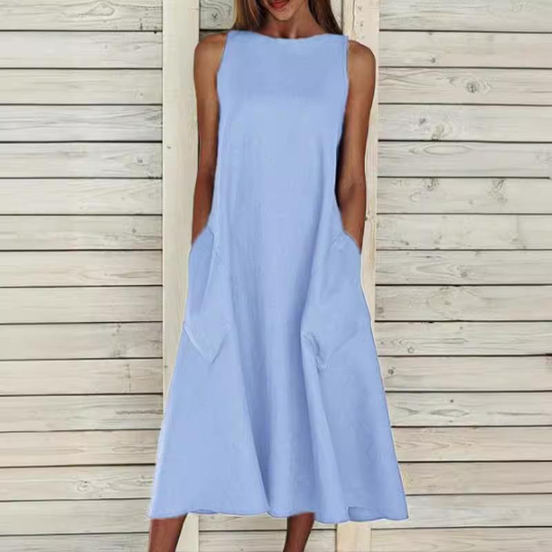 Sommer Damen Locker Baumwolle Leinen Einfarbig Ärmellos Rund Gebunden Tasche Lässiges Kleid