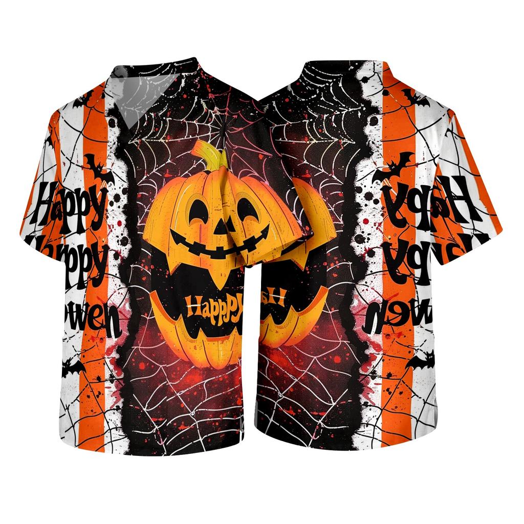 Men's V Neck Halloween Print Pocket Scrub Top Short Sleeve Medical Workwear Uniform Shirt for Healthcare Professionals