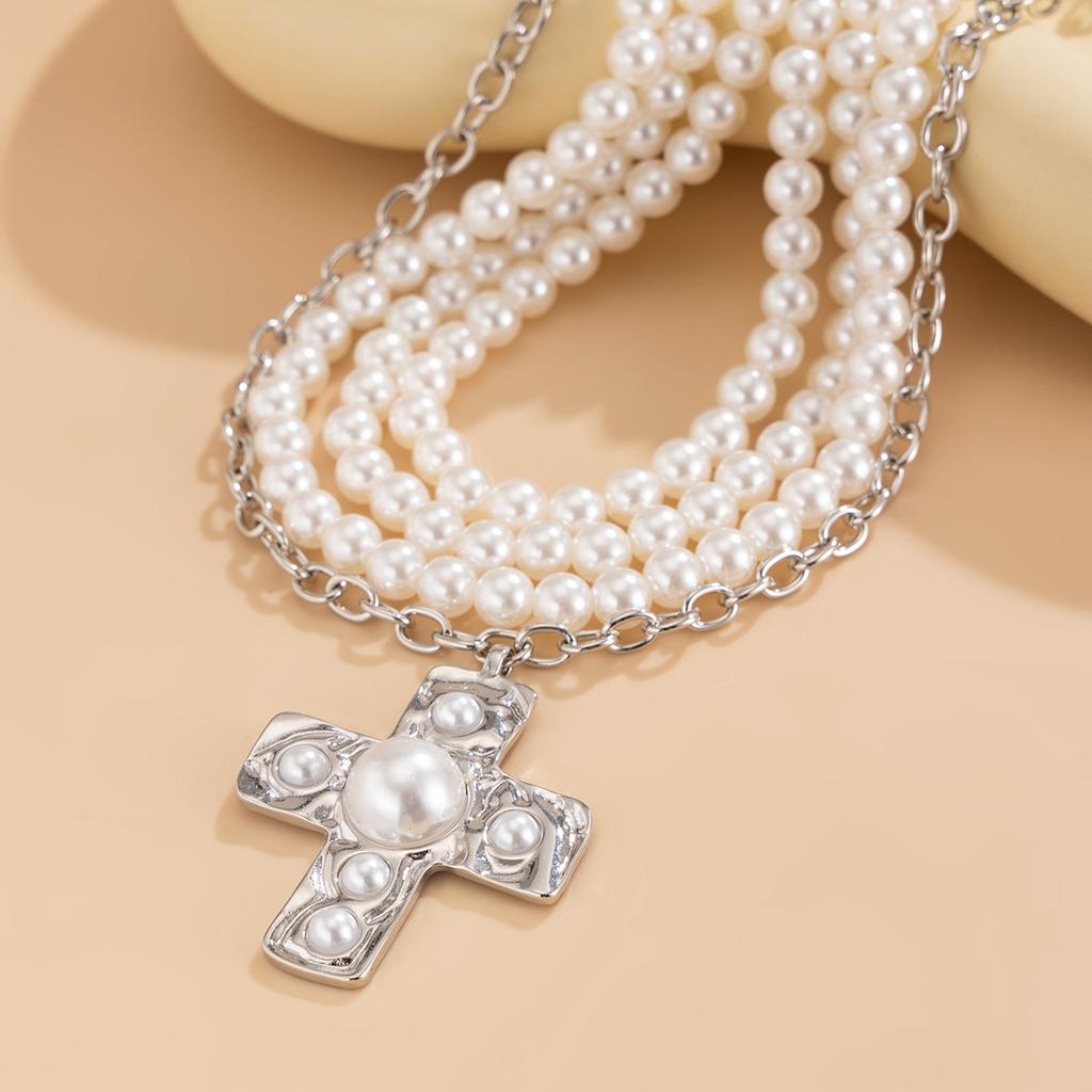 Tooxika Breezy Cross Alloy Pendant Chain French Elegant Pearl Beaded Necklace