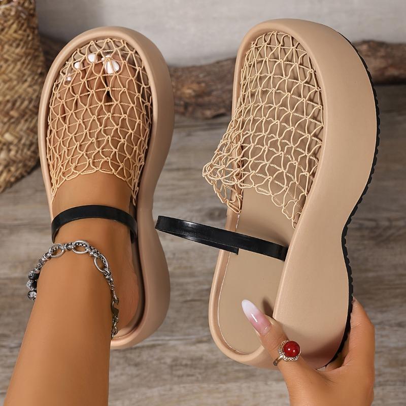 Stilvolle schwarze Netz-Fischnetz Damen-Freizeit-Plateausandalen | Dick gepolsterte Sohle, bequeme Schlupfschuhe mit runder Zehenpartie für den Ganzjahreseinsatz