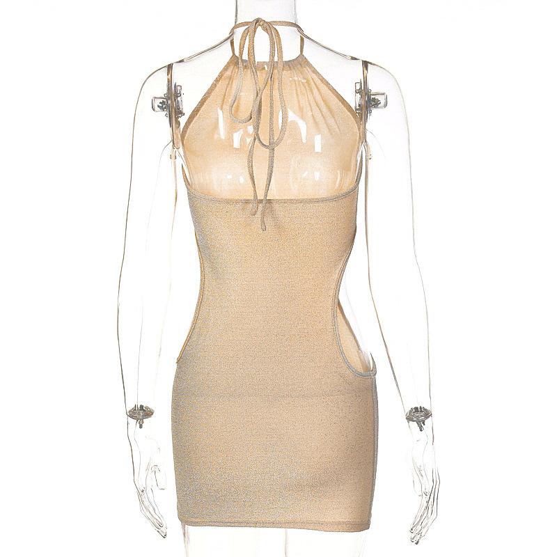 Sexy kurzes Kleid aus Europa und Amerika, hängender Hals für Damen, freiliegende Hüfttasche, Hüftrock, modischer kurzer Damenrock