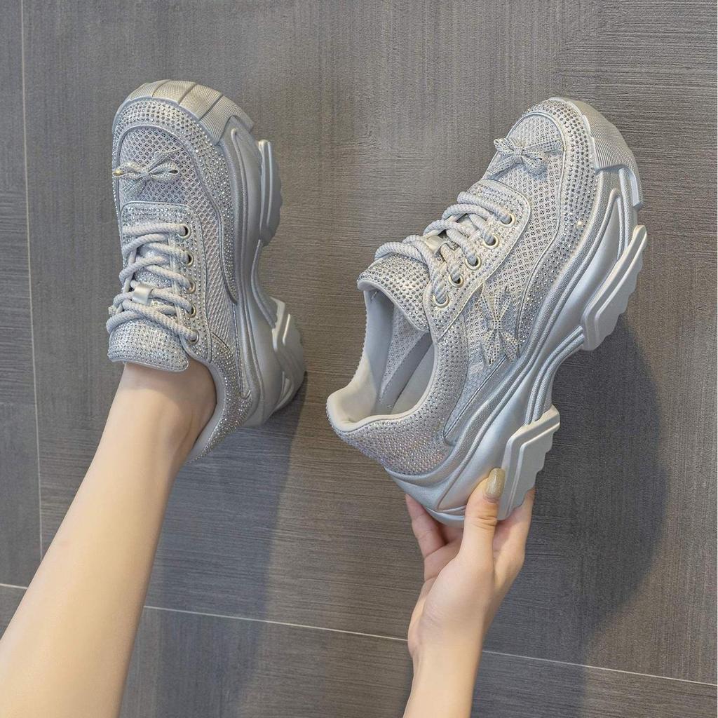 Sportliche Dad-Schuhe mit dicker Sohle für Damen, atmungsaktives Mesh, neu, Sommer, dünn, vielseitig, Rock, Strass, Freizeitschuhe