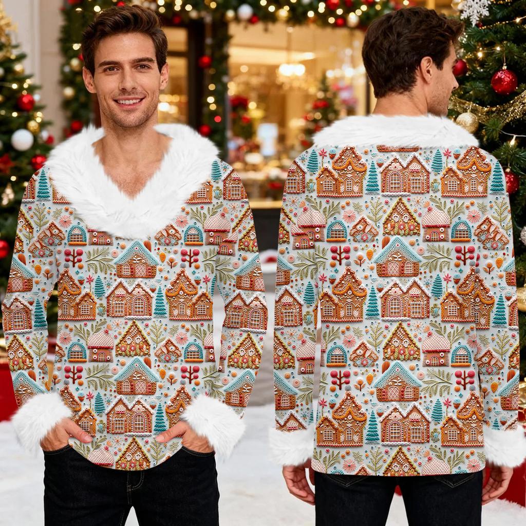 Męska bluza z kapturem z nadrukiem świątecznym, podszyta polarem | Sweter imprezowy z imitacją obszycia i kieszenią | Duży rozmiar, luźny krój, świąteczny pulower