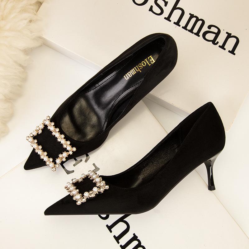 Fashion high heels women's shoes thin heels high heels shallow mouth pointed pearl rhinestone square buckle suede shoes