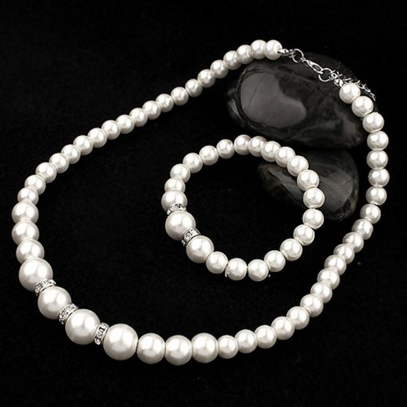 3 Pieces Pearl Necklace Earrings Bracelet Color:Silver  Sets Suit Bridal Temperament The First Act Accessory