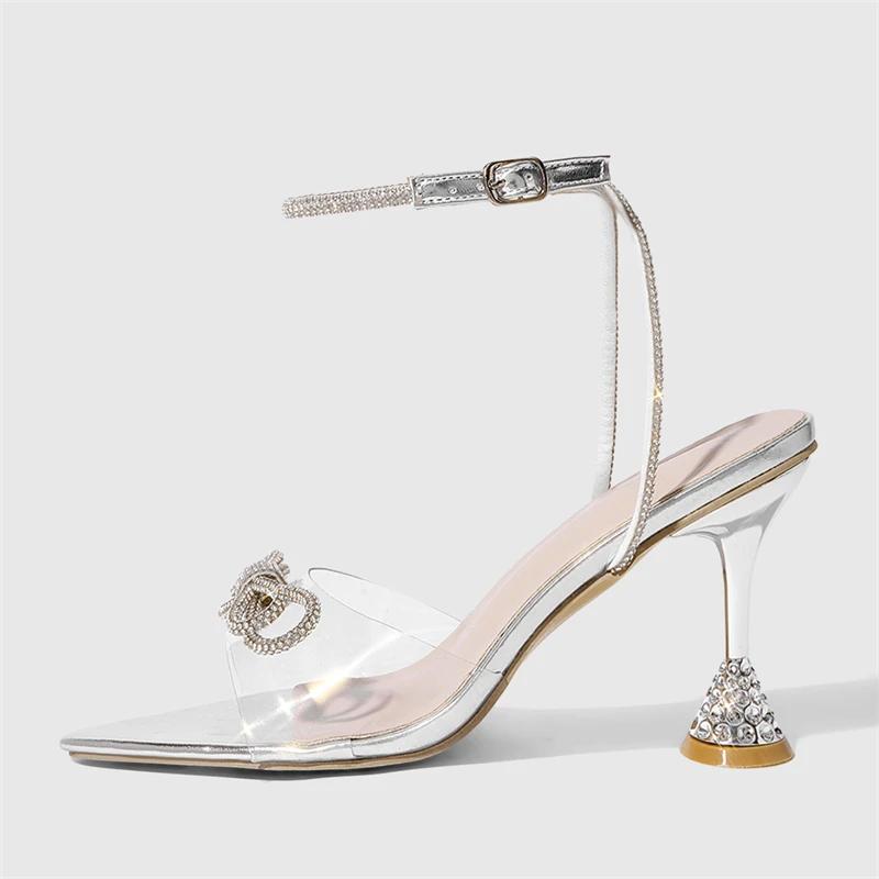 Mode Eilyken Sexy PVC Transparent Schmetterlingsknoten Damen Sandalen Design Kristall Schnalle Riemen Hohe Absätze Ballschuhe Zapatos De Mujer