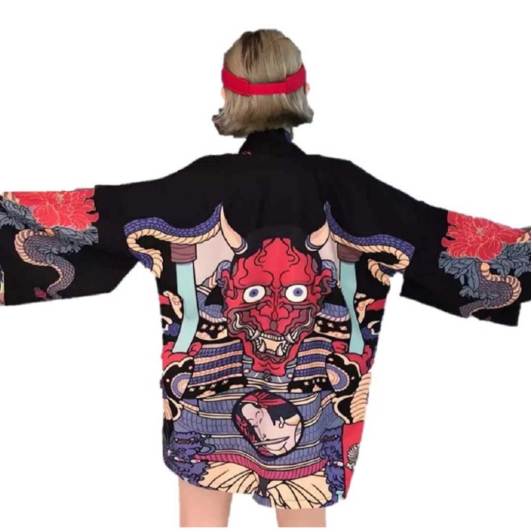 Hyakki Parade of One Hundred Red Oni Happi Coat Adult Japanese Traditional Summer Festival Costume [AiO JAPAN] Yakō (Night Demons) - Size, Unisex,
