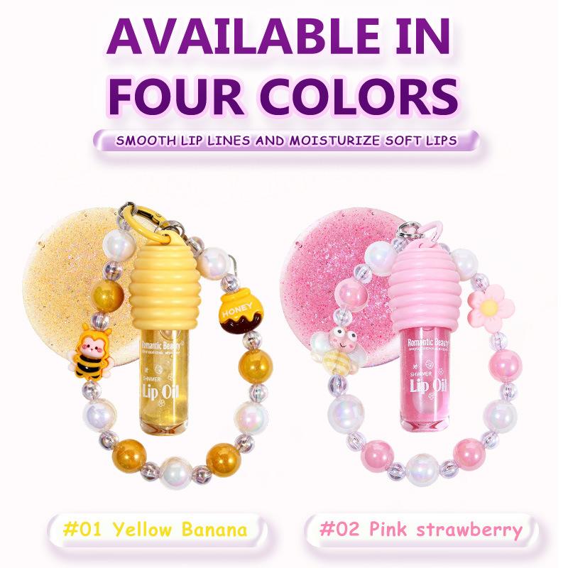 Lippenöl mit Kette 4 Farben Niedliches Armband Lippenbalsam Feuchtigkeitsspendender Lipgloss Wässriger Spiegel Getönter Lipgloss