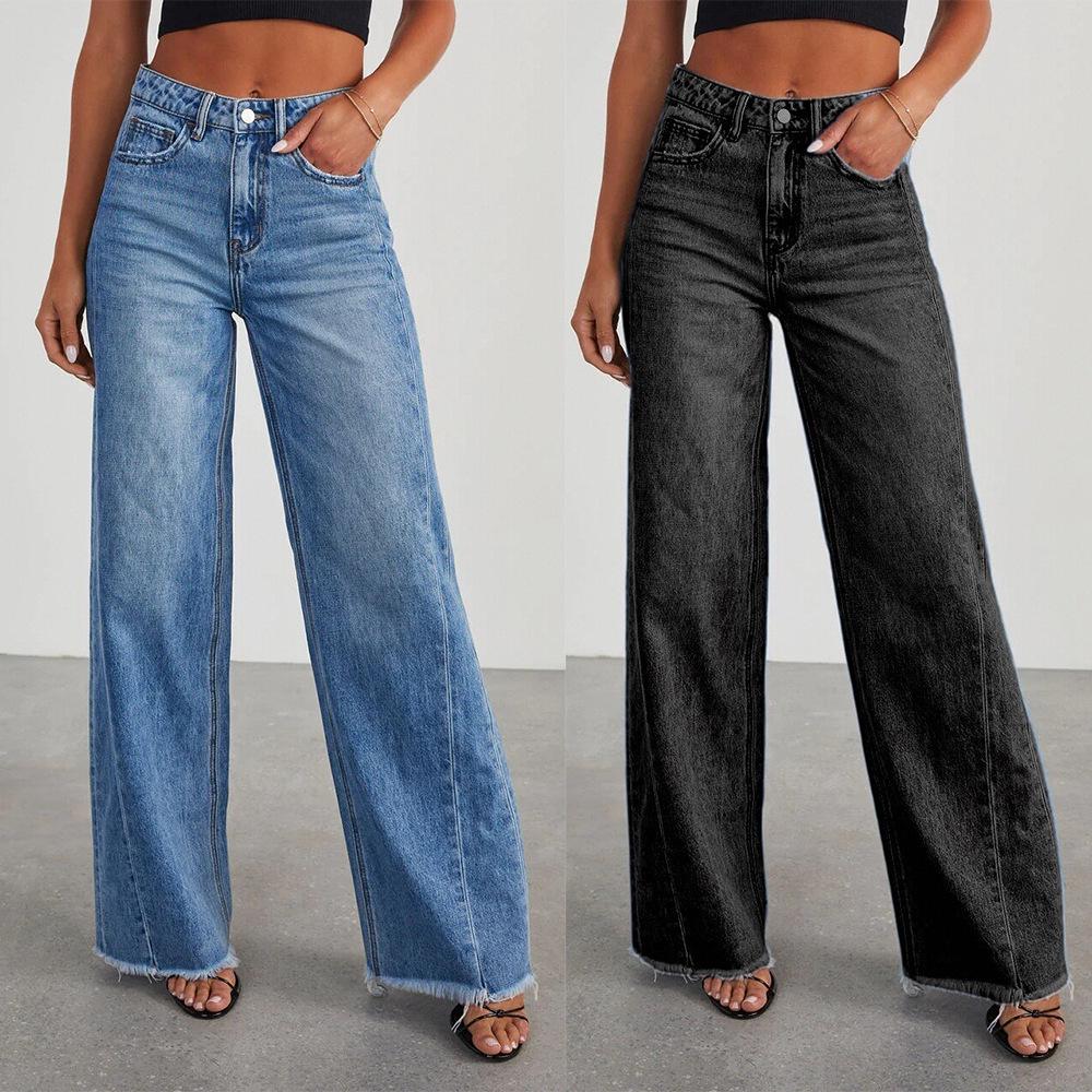 2023 Women's Wide-Leg Patchwork Frayed Hem Jeans