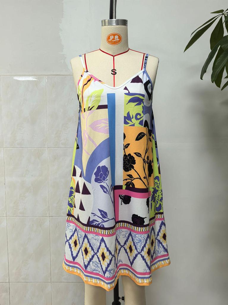 Spaghetti Strap Backless Long Sleeveless Print Summer Dress for Women
