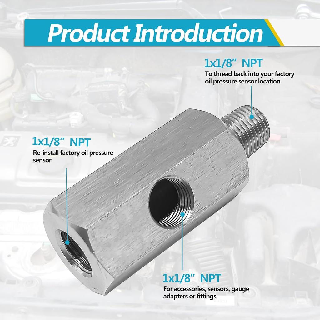 Stainless Steel Oil Pressure Sensor Adapter, With 1/8 NPT Tee Oil Pressure Gauge Fitting Turbo Supply Feed Line Connector for Turbo Supply Feed