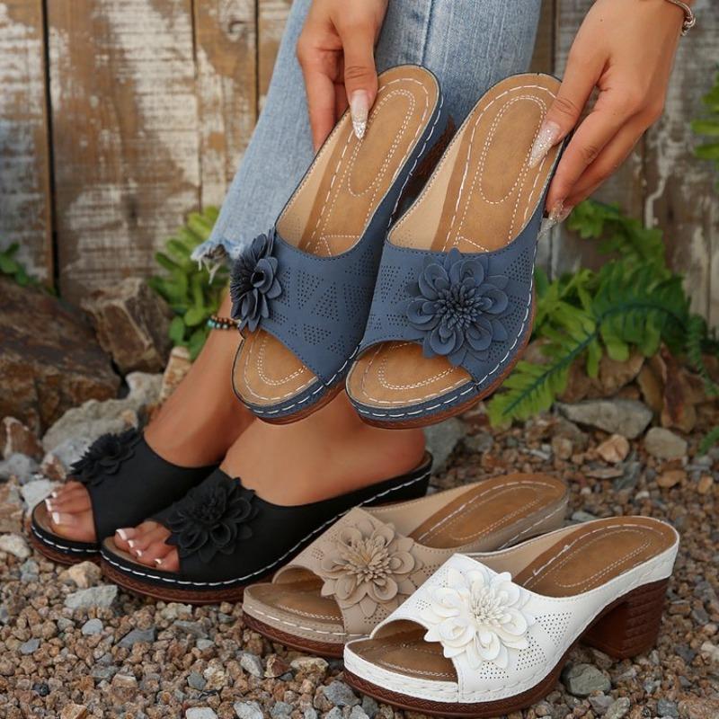 Women's Peep Toe Floral High Heel Sandals, Summer Beach Slip-On Shoes, Plus Size Fashion Footwear