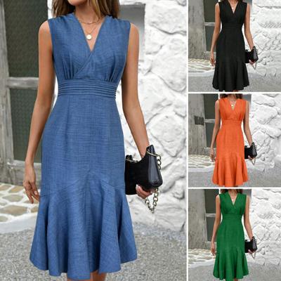 Kadın Yazlık Elbise Günlük V Yaka Kolsuz Balık Kuyruğu Midi Elbise Parti Kokteyl Bodycon Elbise İş için Günlük Giyim