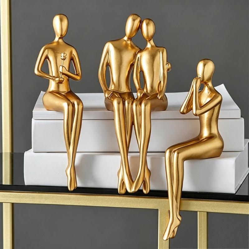 Shelf Sitter Statue Abstract Art Sculptures Matte Gold Sitting Thinker Figurine Seating Display Statue for Consoles Table, Shelf Arrangement and