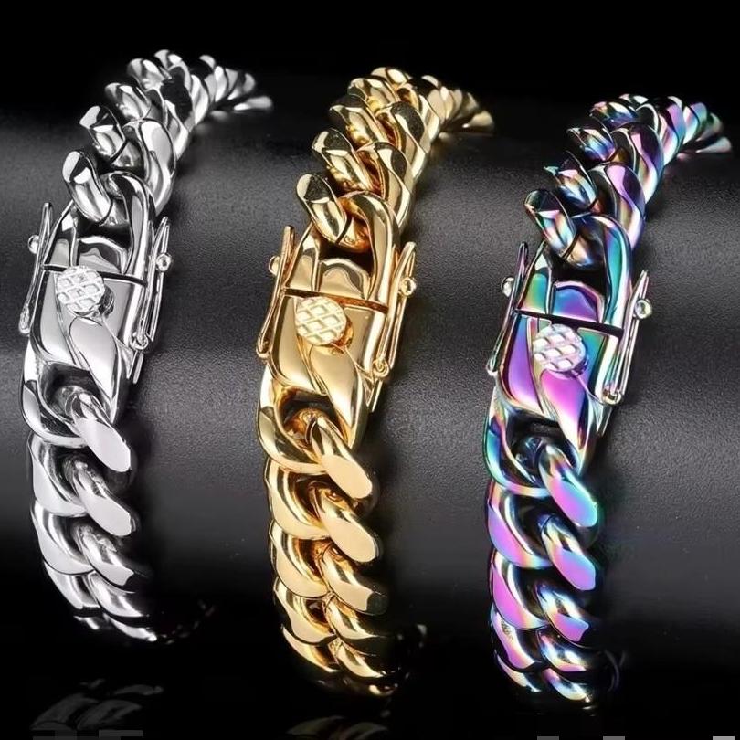 Tarnish Resistant 316L Stainless Steel Cuban Link Bracelet with Box Clasp Gold Silver Hip Hop Curb Chain Jewelry for Men