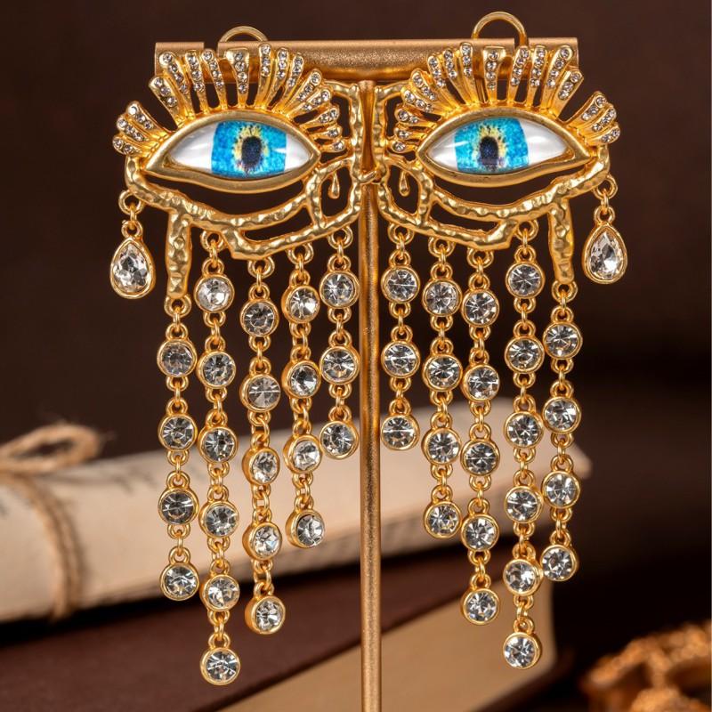 Vintage Crystal Tassel Devil's Eye Earrings Light Luxury Retro High Grade Heavy Duty Earnail Women