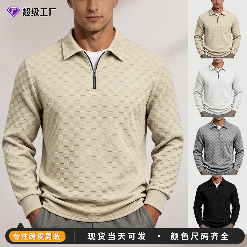 Mens Hoodie Fall Winter Zip Checkered Jacquard Polo Shirt Loose Fit Heavyweight Casual Top