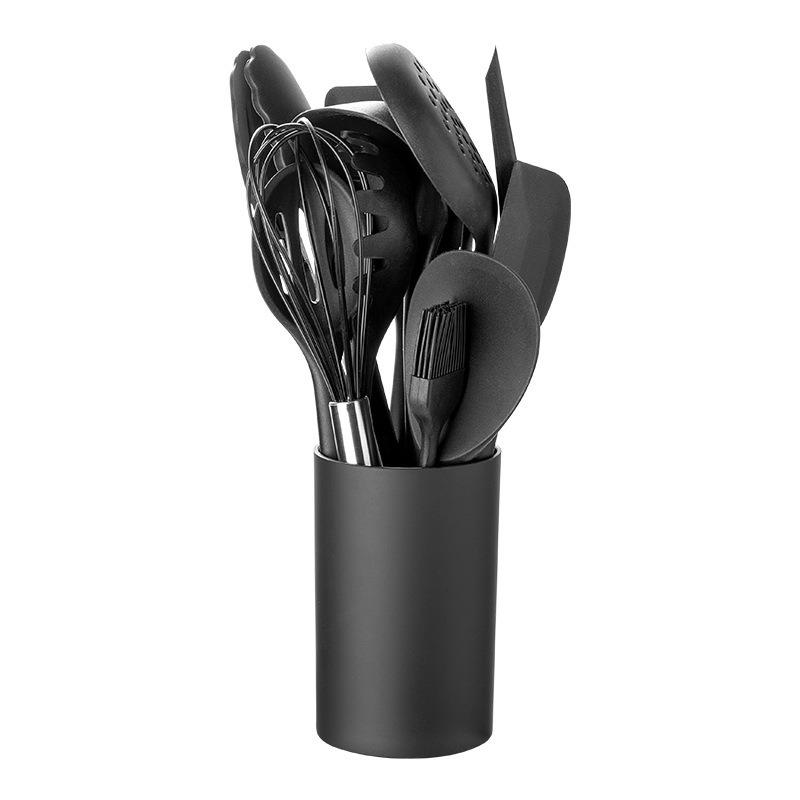 Set Utensili da Cucina in Silicone Nero Antiaderente Padella Strumenti da Forno Utensili da Cucina Mestolo Forato Spatola Cucchiaio Pinze da Cucina Kit Cucina