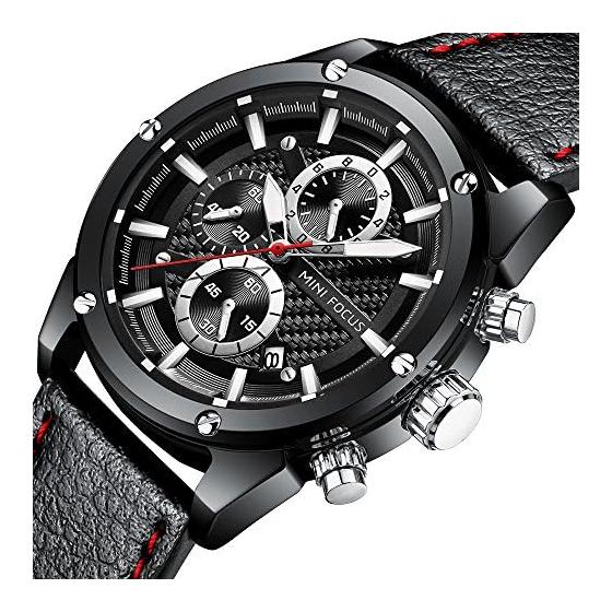 Men's Watch with Stopwatch Function Date Waterproof Quartz Stylish Simple Rating Casual Study Work Analog Leather Band Belt Ranking Brand (Black)