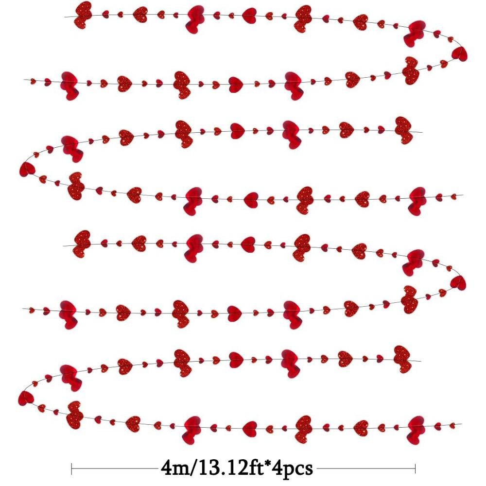 4pcs Valentines Day Party Garlands Decoration Red Heart Garland Metallic Glitter Hanging Heart Streamer Banner