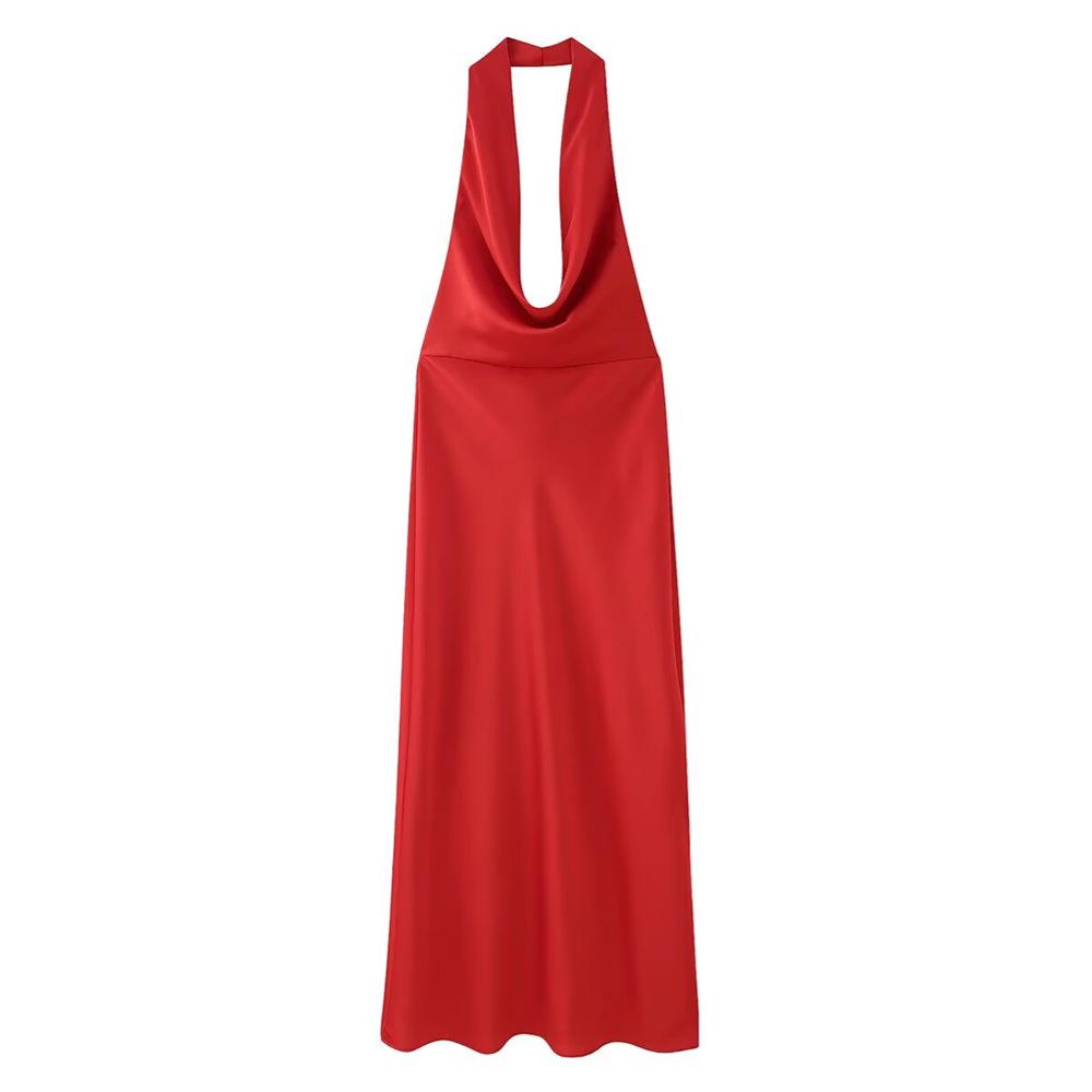 2025 Spring/Summer Women's Backless Halter Cowl Neck Silk Satin Midi Dress