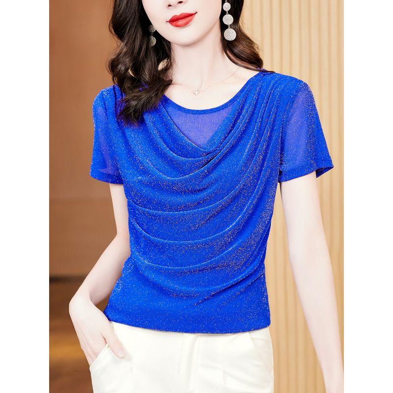 Size Women's Clothing Chubby Girl Summer New Arrival Pure Color Silm Swing Collar Mesh Slimming Short Sleeve T-shirt Easiest for Match 8 Color Women