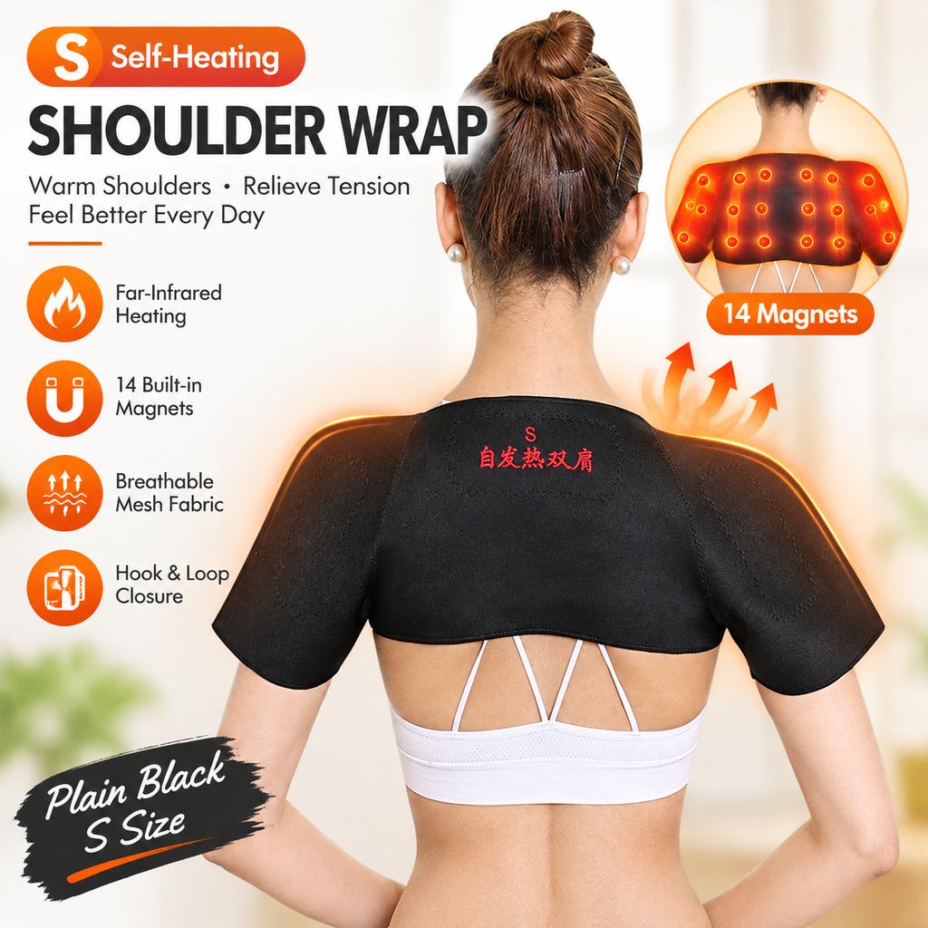 Self-Heating Shoulder Wrap with Far-Infrared Heating and 14 Magnets, Black, S/M/L/XL