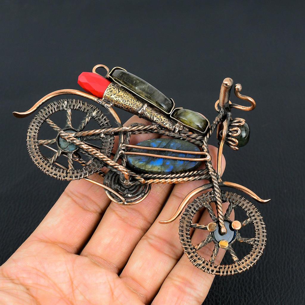Labradorite & Red Coral Gemstone Copper Wire Wrapped Motorcycle Designer Pendant, Gifts For Wife Brand New Pendant