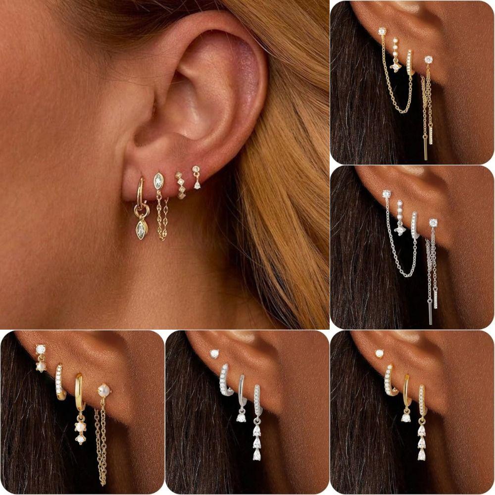 4Pcs/Set Chain Huggie Hoop Earrings Geometric Dangle Earring Set Women Accessories