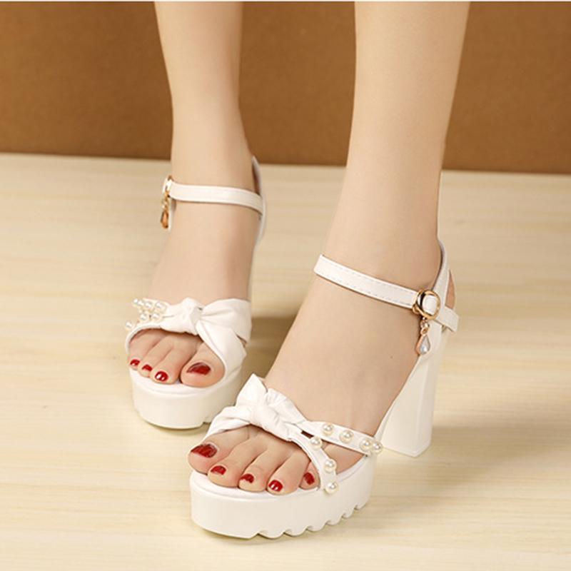 High Heels Sandalen, Dicke Absätze, Wasserdichte Plateausohle, Vielseitig, Sommer Weiches Leder, Perle, Bequeme Höhenerhöhende Damenschuhe