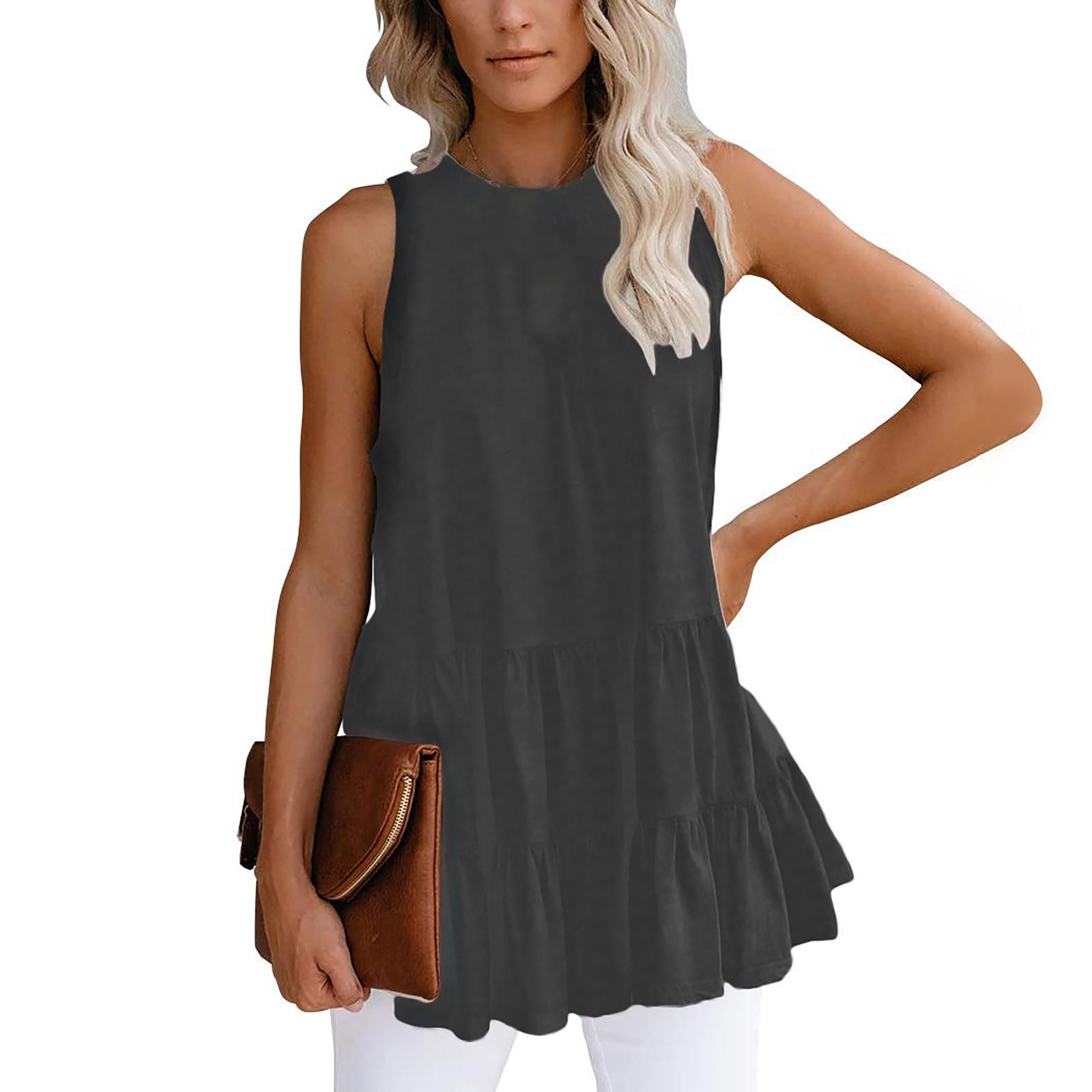 

Women s Summer Sleeveless Solid Color Stitching Lotu Leaf Hem Top S чорний
