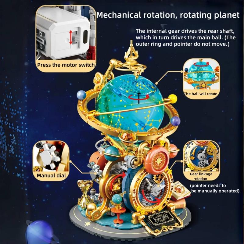 New Retro Rotating Earth Model Building Block Splicing Movable Construction Educational Decoration Ornament Toy Collection Gift