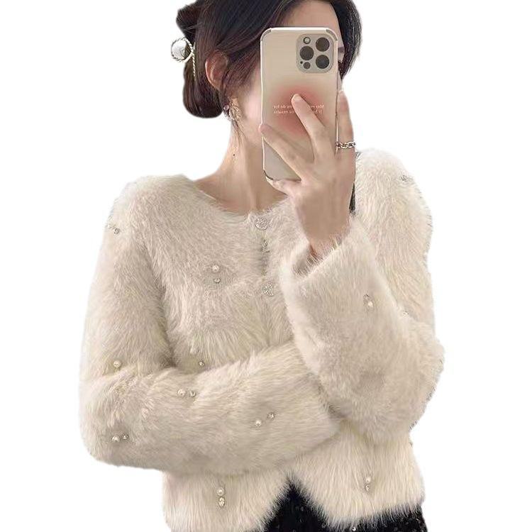Damen Herbst/Winter Locker gestrickte Strickjacke mit Perlenknöpfen und Faux-Mink-Beschichtung