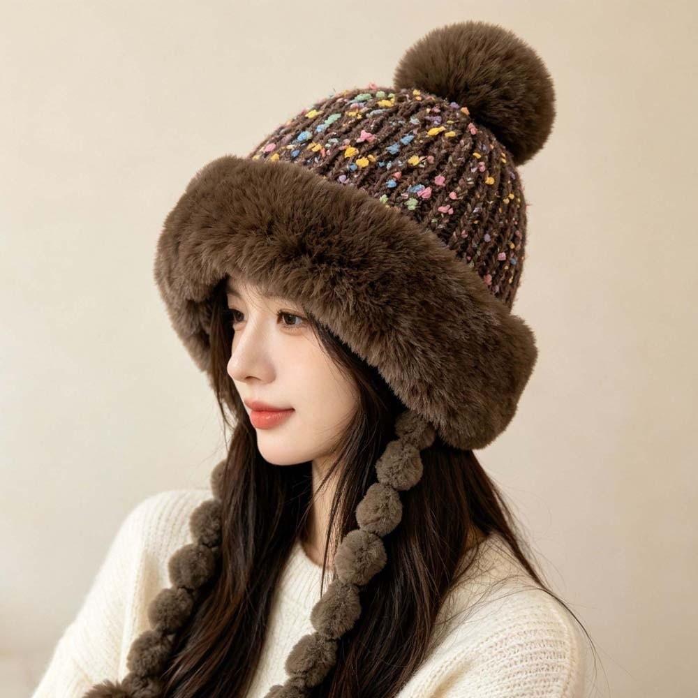 Fur Brim Pompom Braids Hat Striped Knit Earflap Winter Cap Fleece Knit Beanie Teens