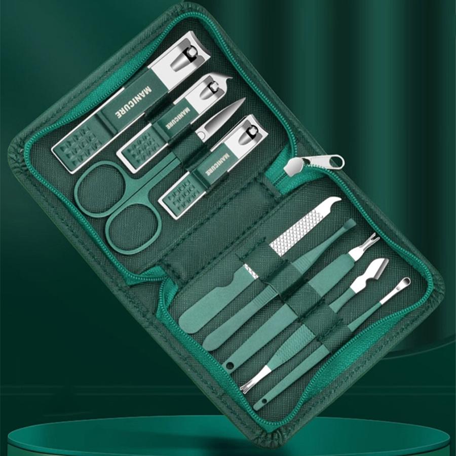 Green Manicure Set With Leather Case Professional Foot And Face Care Tool Kits Stainless Steel Nail Clipper Sets Gift