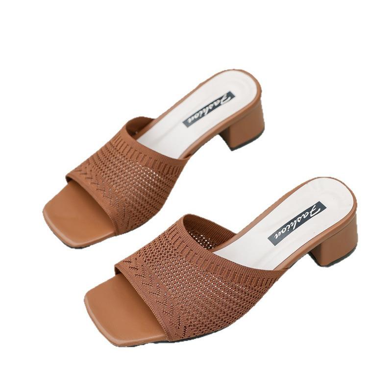 Medium Heel Cool Slippers Summer New Fly-woven One-word Cool Slippers