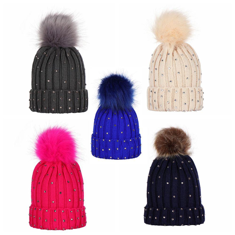 

Outdoor Beanie Double Ball Newborn Hat Crystal Diamond Baby Knit Cap Fur Pom