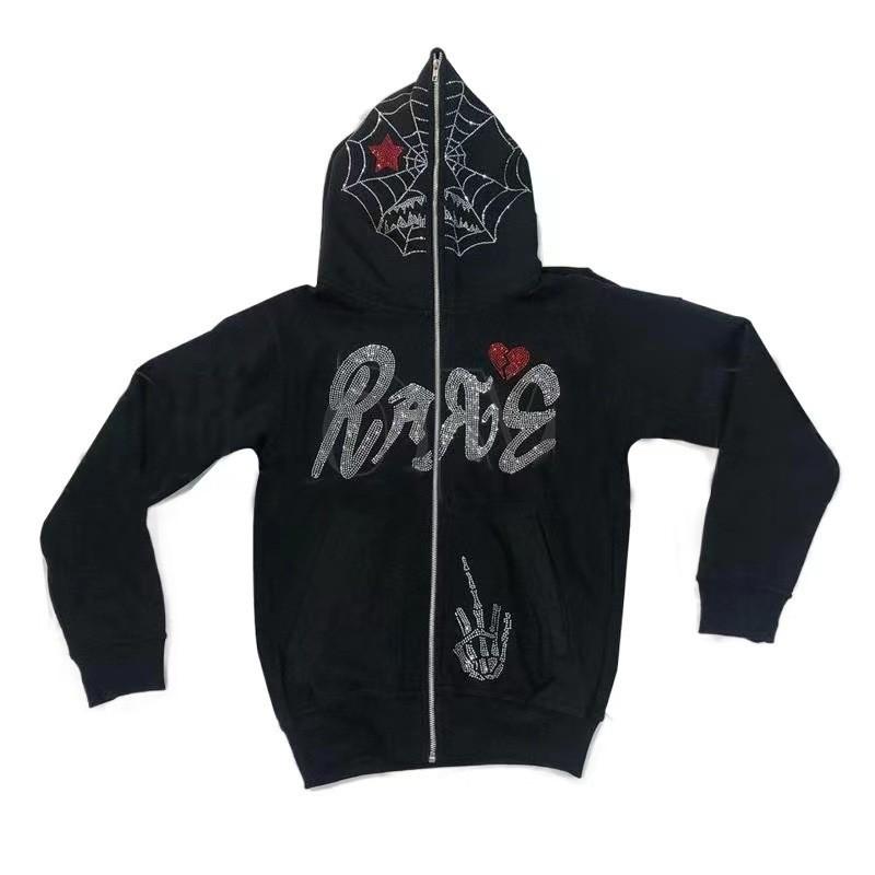 Spiderweb Letter Print Rhinestone Hooded Zip-Up Oversized Sweatshirt Women Streetwear Casual Long Sleeve