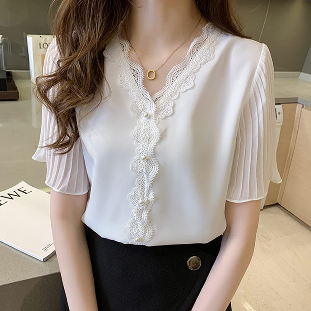 Lace Blouse Chiffon Tops Flared Short Sleeve Korean Style Summer Stylish Neat Thin Adult Cute Loose Fit Slimming Casual Office Commuting OL Date