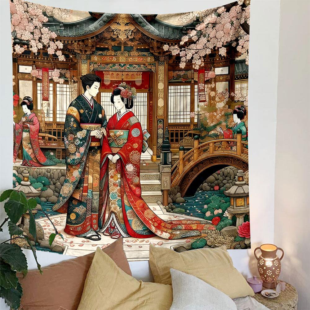 Traditional Japanese Wedding Scene Patterned Tapestry Decorative Wall Hanging, Home Bedroom Living Room Decor
