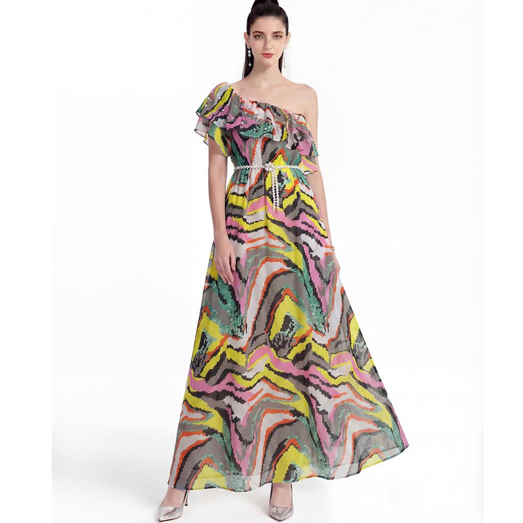 Bohemian Striped Printing Butterfly Sleeve A-line Maxi Dress for Women Vacation Holiday Ruffles Splice Beaded Loose Long Dress Robes Femme