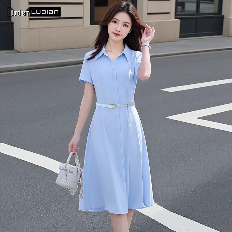 Ludian Women s Elegant V-Neck Belted A-Line Shirt Dress 180/100A