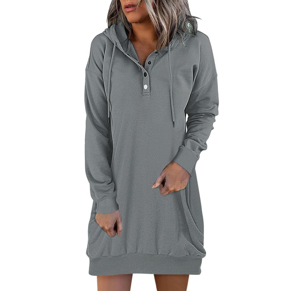 Damen Kleider Langarm Kordelzug Pullover Top Kleid Casual Hoodie Pullover Kleid Kleider