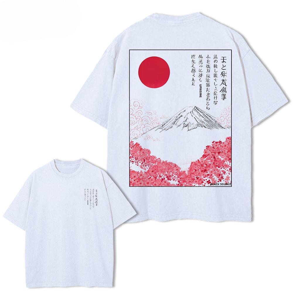 Cotton Mount Fuji Sakura Graphic T Shirt Traditional Japanese Scenery Frame Print Unisex Crew Neck Short Sleeve Streetwear Tee
