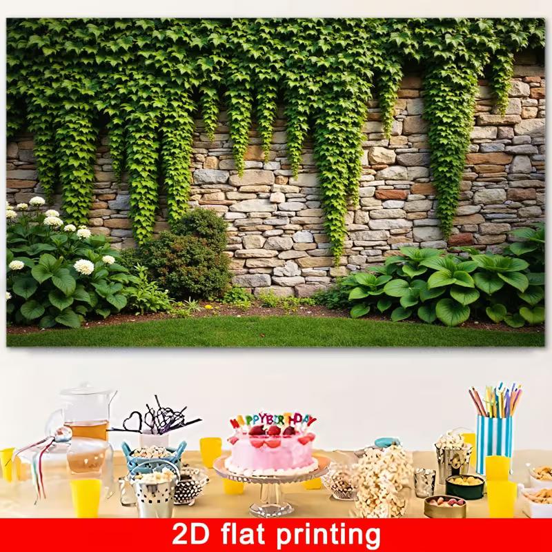 2D Garden Stone Wall with Ivy and Greenery Backdrop Photo Background