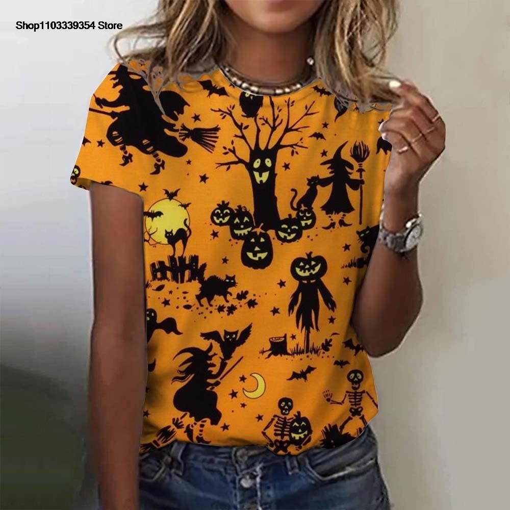Halloween Women's T-shirt for Girls Short Sleeve Pumpkin Head Clothing  Summer Day of the Dead Skull Pattern Oversized T-shirts
