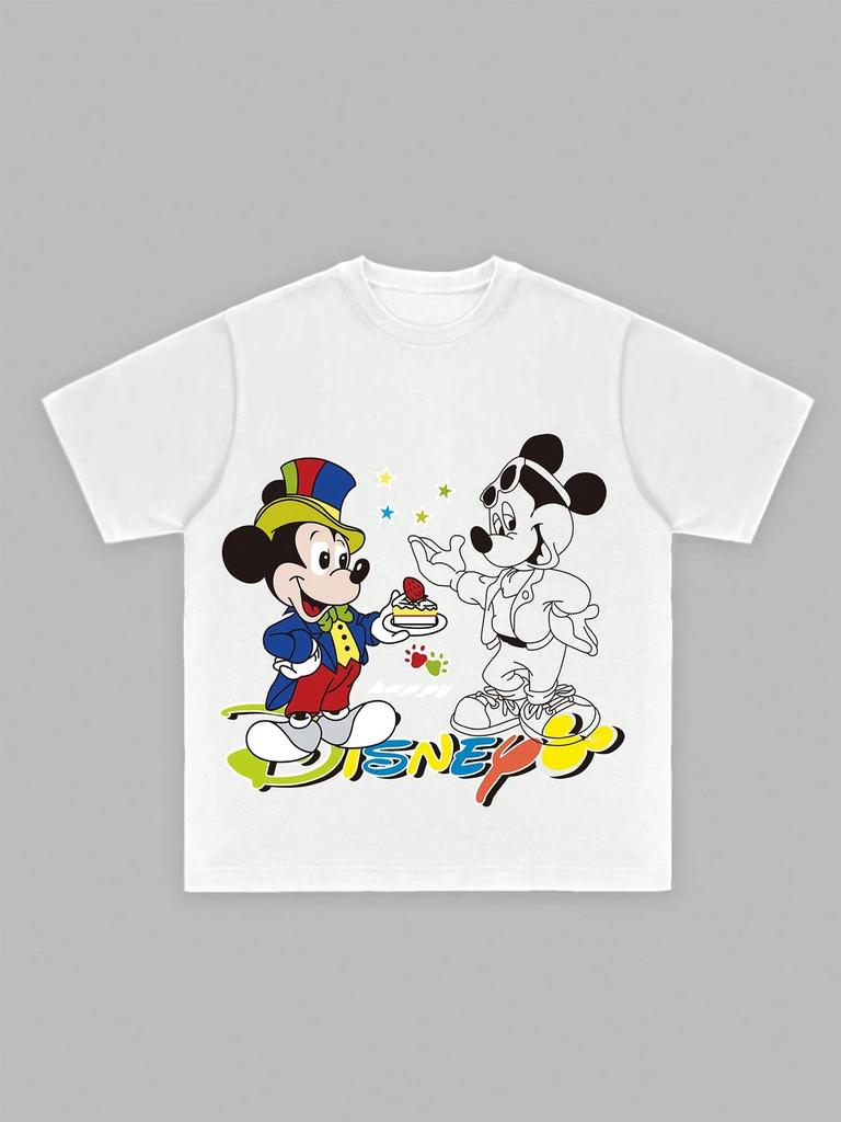 Disney Mickey Mouse Men's Casual Cartoon Print Short Sleeve T-Shirt Cotton Tee Couple Outfit Clothing White T-Shirt Men Clothing